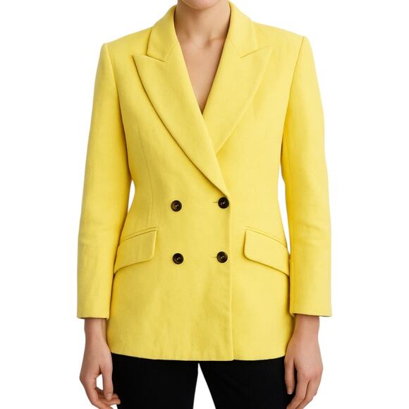 Escada Jackets & Blazers - VTG Escada Blazer Coat Rabbit Fur Angora Collared Double Breasted Yellow 40 M